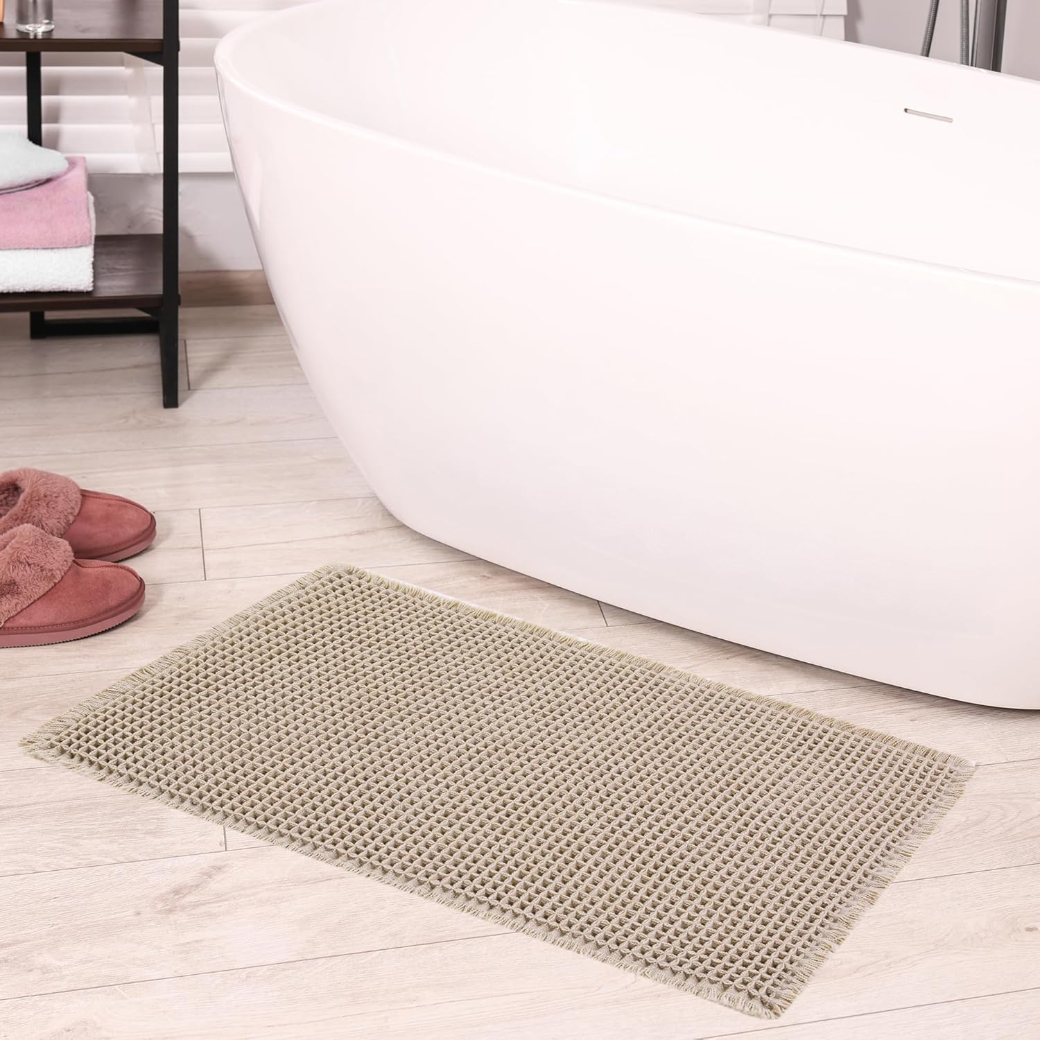 MABOZOO 2 Pieces Bathroom Rugs Set, Washable Waffle Bath Mats Super Absorbent Shower Mats, Quick Dry Boho Bath Mat Bath Rugs with Tassels for Bathroom Floor(24"X17"+30"X18", Brown) - Image 7