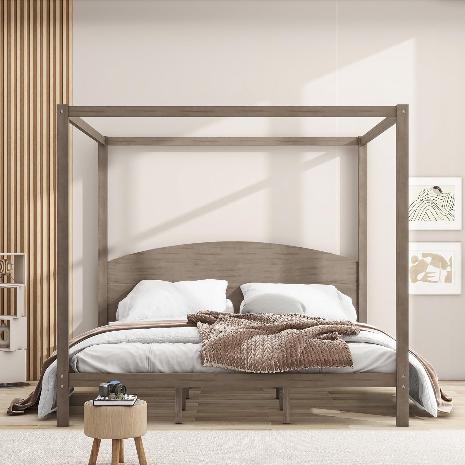 King Size 4-Poster Canopy Bed with Headboard and Slats Support Legs, Modern Wooden Platform Bed Frame for Kids Teens Adults Bedroom, No Box Spring Needed (Brown Wash-03)