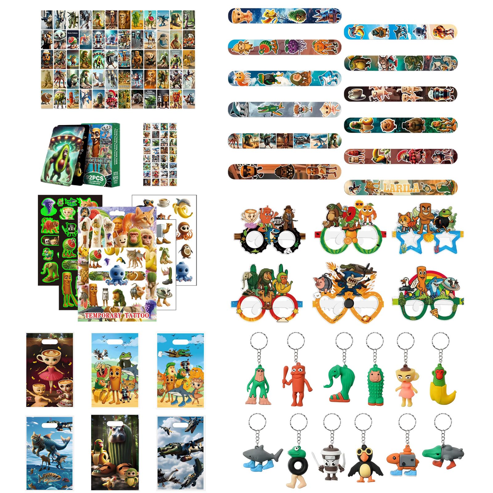Brainrot - Set di 196 sacchetti per feste italiane, con portachiavi, adesivi, bracciali, tatuaggi, occhiali, carte, sacchetti per regali per bambini e ragazzi