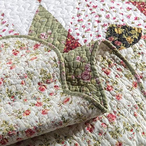 Miniatura 6 de YAYIDAY Juego de colcha de retazos tamaño Queen  100% algodón reversible, transpirable, diseño geométrico de estrellas rojas con fundas de almohada