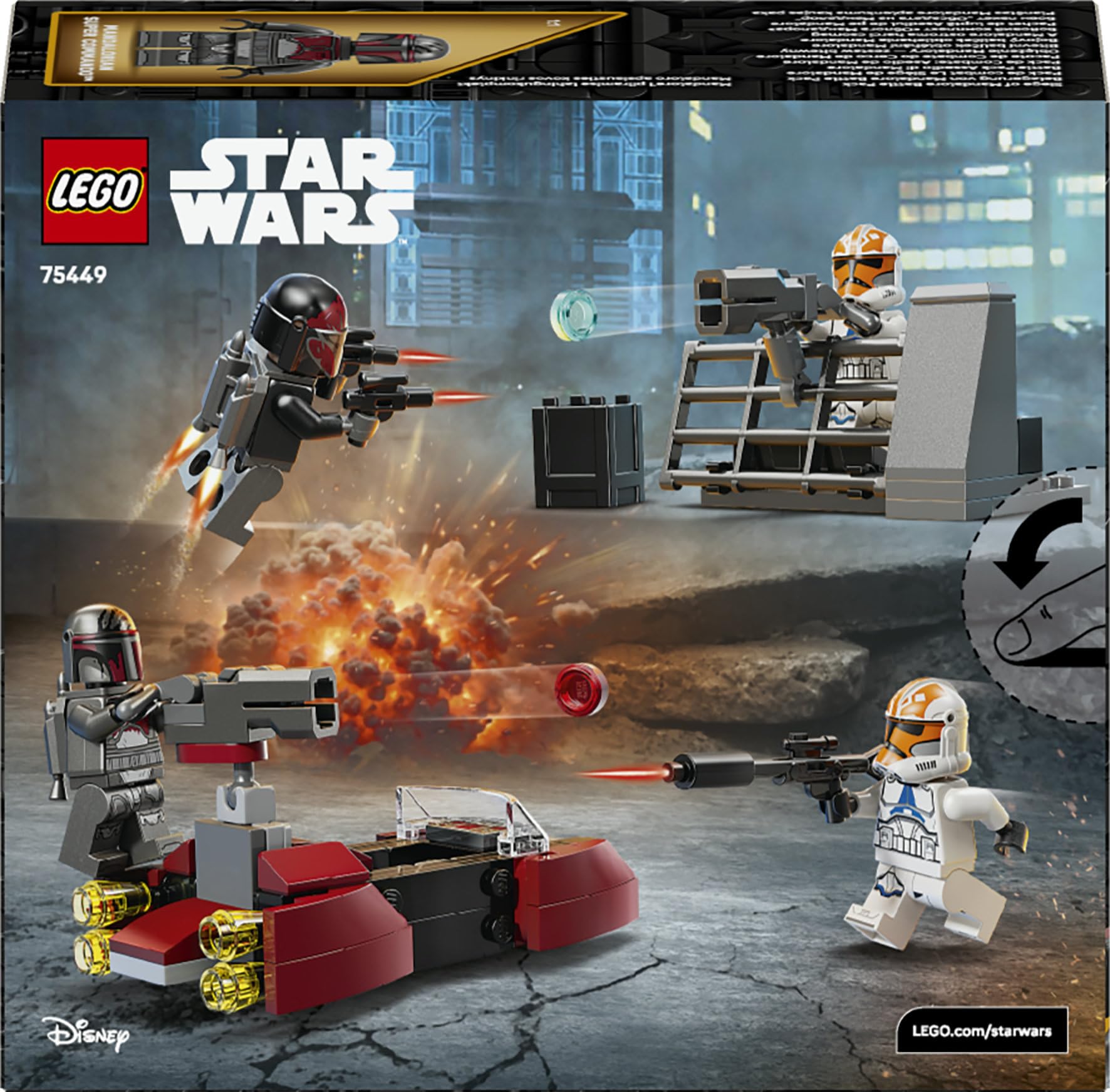 LEGO Star Wars 75449 Pack de Combat Le Siège de Mandalore - Jouet d'action avec Minifigurines de 2 Mandaloriens & 2 Clone Troopers - Speeder & Pistolets Blasters - Cadeau pour Garçon dès 6 Ans & Fans