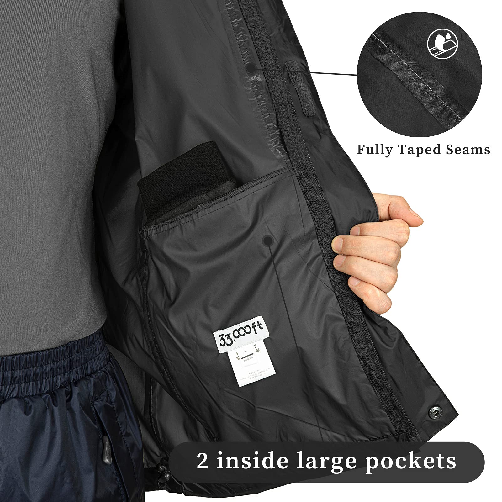33,000ft Veste de pluie pliable avec capuche rangeable, légère et imperméable, coupe-vent, pour activité en plein air, pour homme