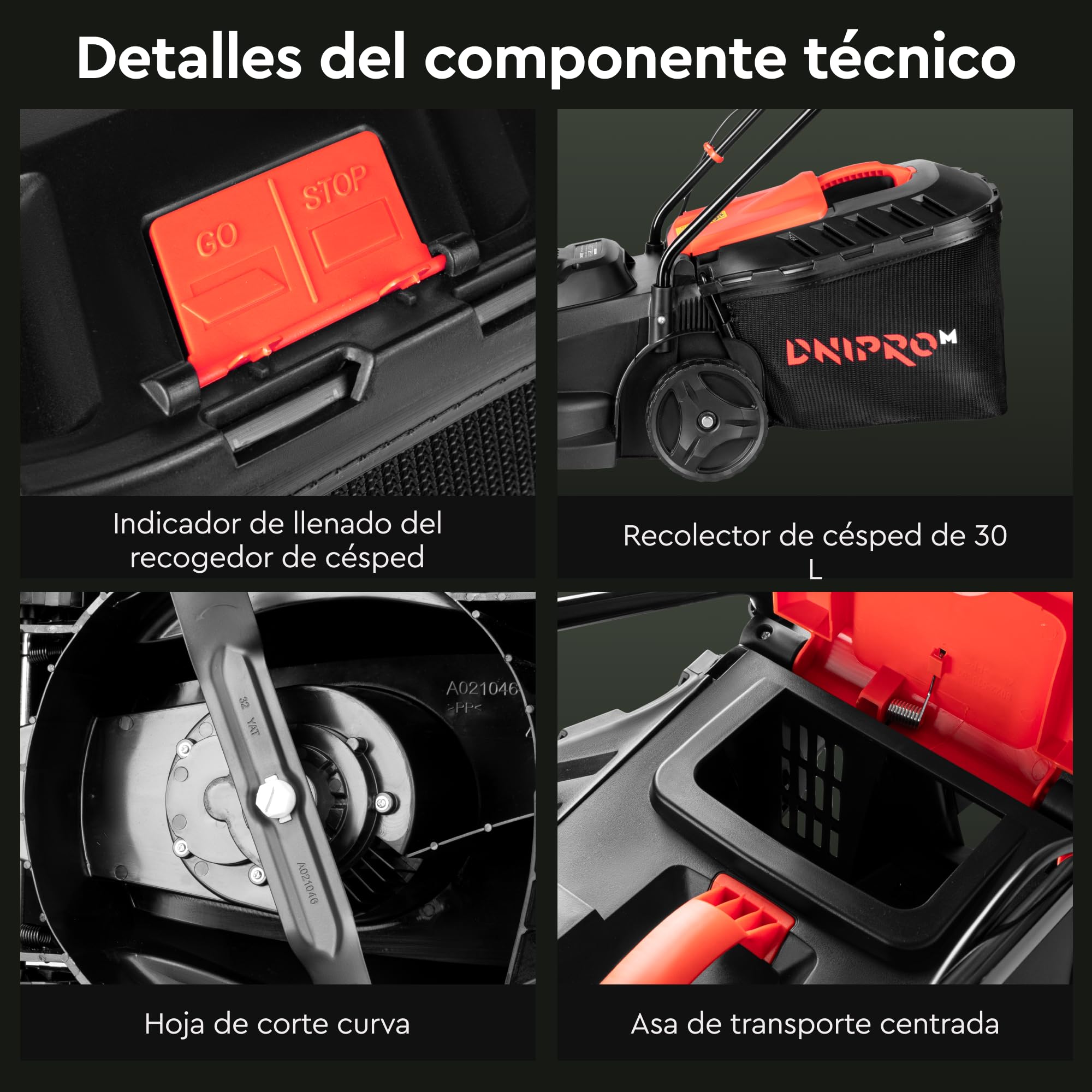 Cortacésped Eléctrico de 1000W, Ancho de Corte 32 cm, 3 Alturas de Corte 25–65 mm, Recogedor 30 L con Indicador, 6,4 kg, IPX4, Manillar Plegable - 32N