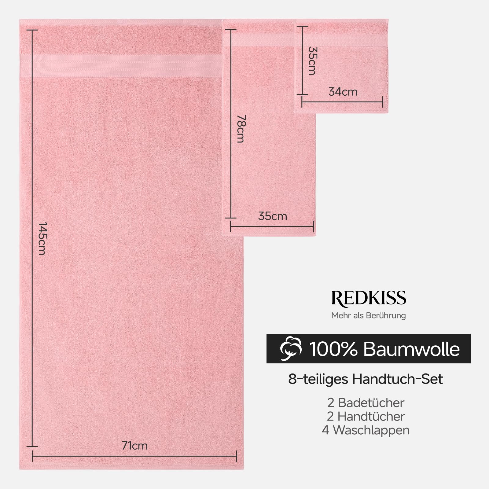 REDKISS 8 teilig Handtuch Set aus Baumwolle mit Aufhänger,weich & saugstark | OEKO-TEX zertifiziert, 540GSM, mit 2 Badetuch+2 Handtücher + 4 Waschlappen, ideal für Bad & Sauna-Rosa