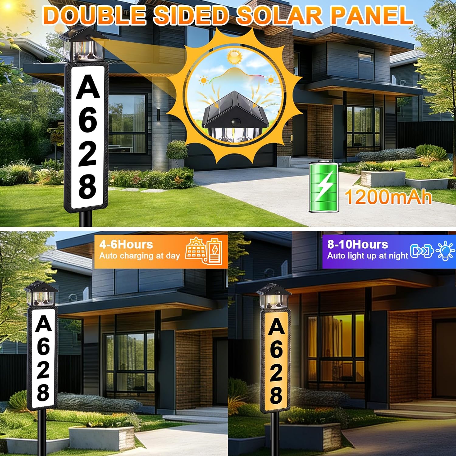 Solar Address Sign, House Numbers for Outside with Dual-Sided Solar Panels, 3 Modes LED Illuminated Numbers Plaque Outdoor, Waterproof Solar Powered Address Signs for Yard Garden Home