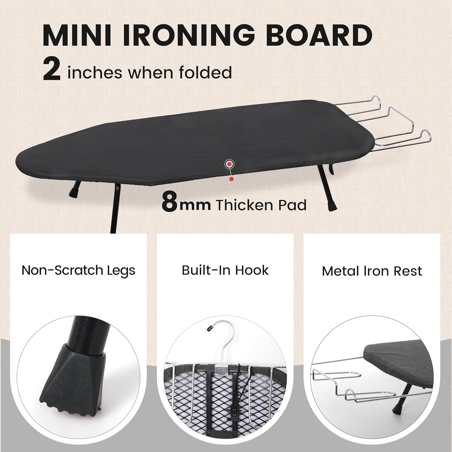 Small Ironing Board, Foldable Table Top Ironing Board Compact, Portable Tabletop Iron Boards Metal Mesh Panel, 8mm Thicken Pad with lron Rest and Heat Resistant Cover