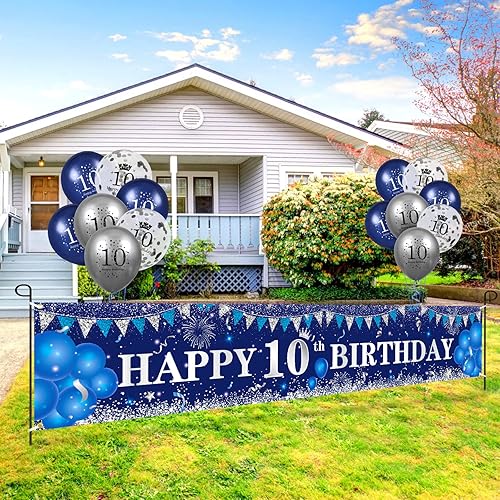 Miniatura 7 de Decoraciones azules de cumpleaños número 10 para niños y niñas, pancarta y globos de feliz cumpleaños número 10 azul marino y plateado para