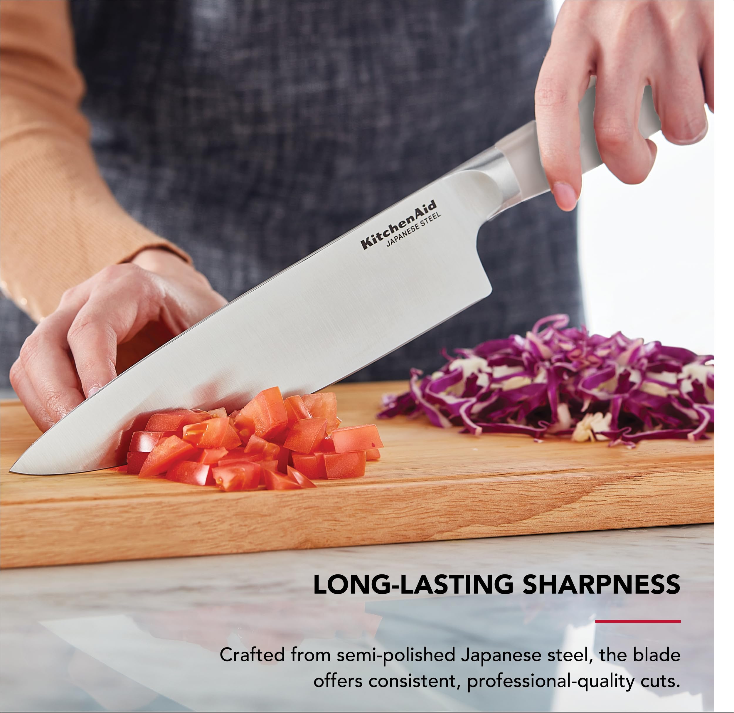 KitchenAid Coltello da chef forgiato Gourmet con coperchio della lama su misura, coltello da cucina affilato, lama in acciaio inossidabile giapponese ad alto tenore di carbonio, 20,3 cm, milkshake