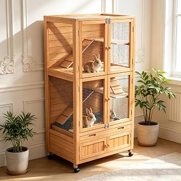 Wooden Rabbit Cage Indoor Outdoor, 2-Story Rabbit Hutch Bunny House with Chew-Proof Ramp, Leak-Proof Trays,Storage Cabinet & Wheels for Small Rabbits, Quails,TurtlesWood2