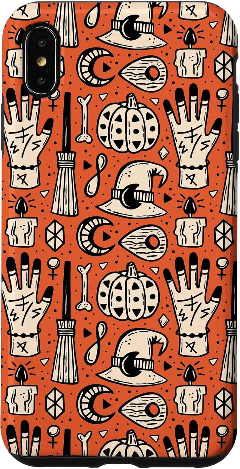 iPhone 14 Pro Max Halloween Witch Hat Pumpkin Broomstick Design Orange Phone Case