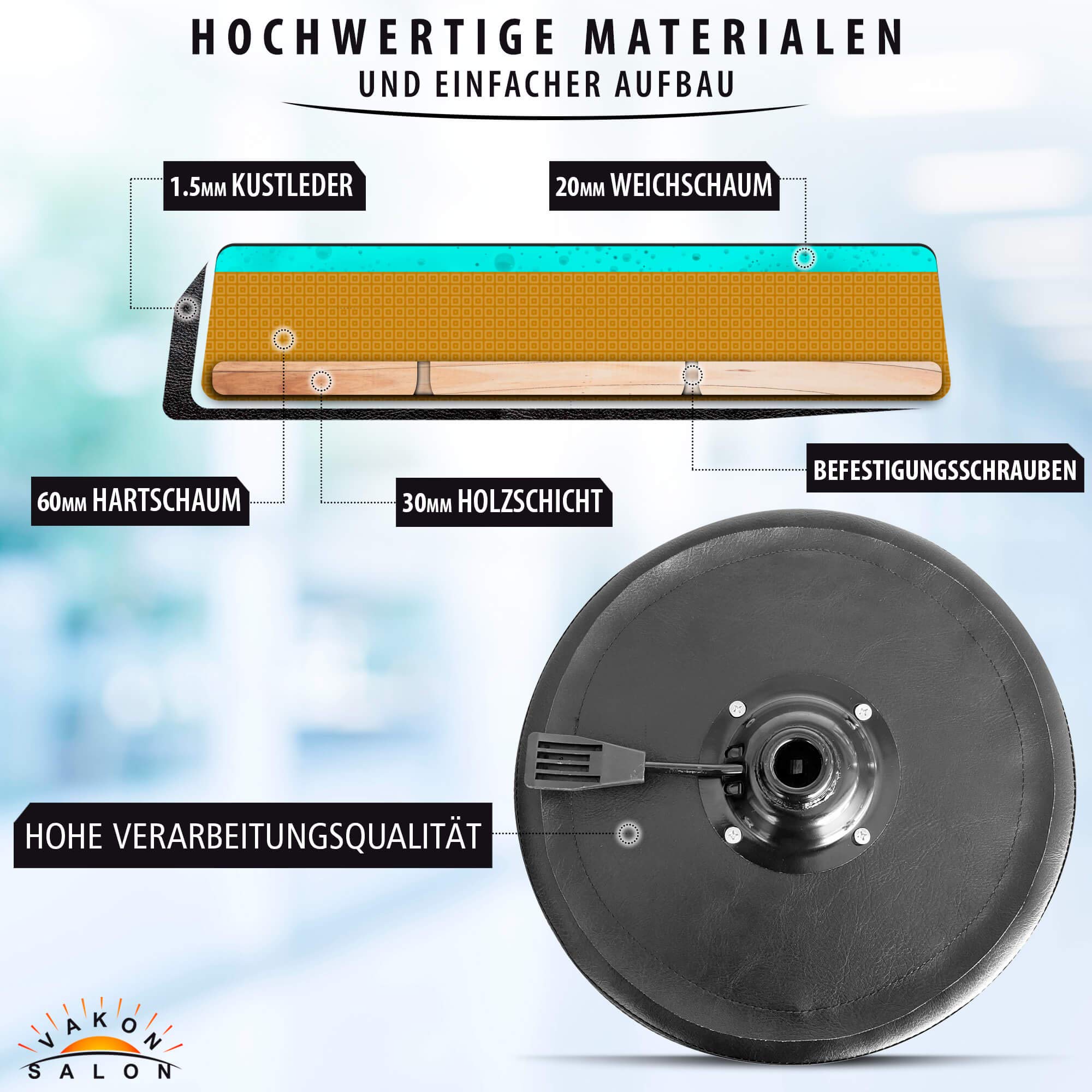Premium Rollhocker höhenverstellbar von 55 bis 75 cm - Rundsitz - Drehhocker Arbeitshocker Praxishocker