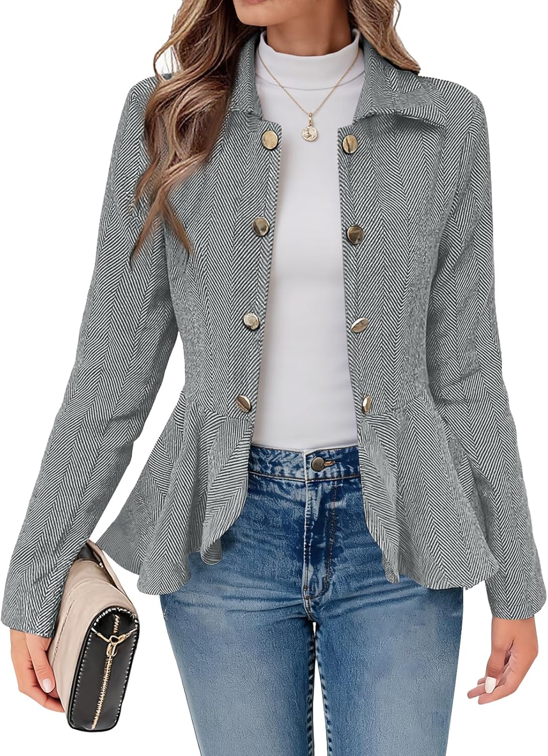Cicy Bell Elegant Women Blazer Business Work Office Peplum Hem Jacket Open Front Herringbone Coats