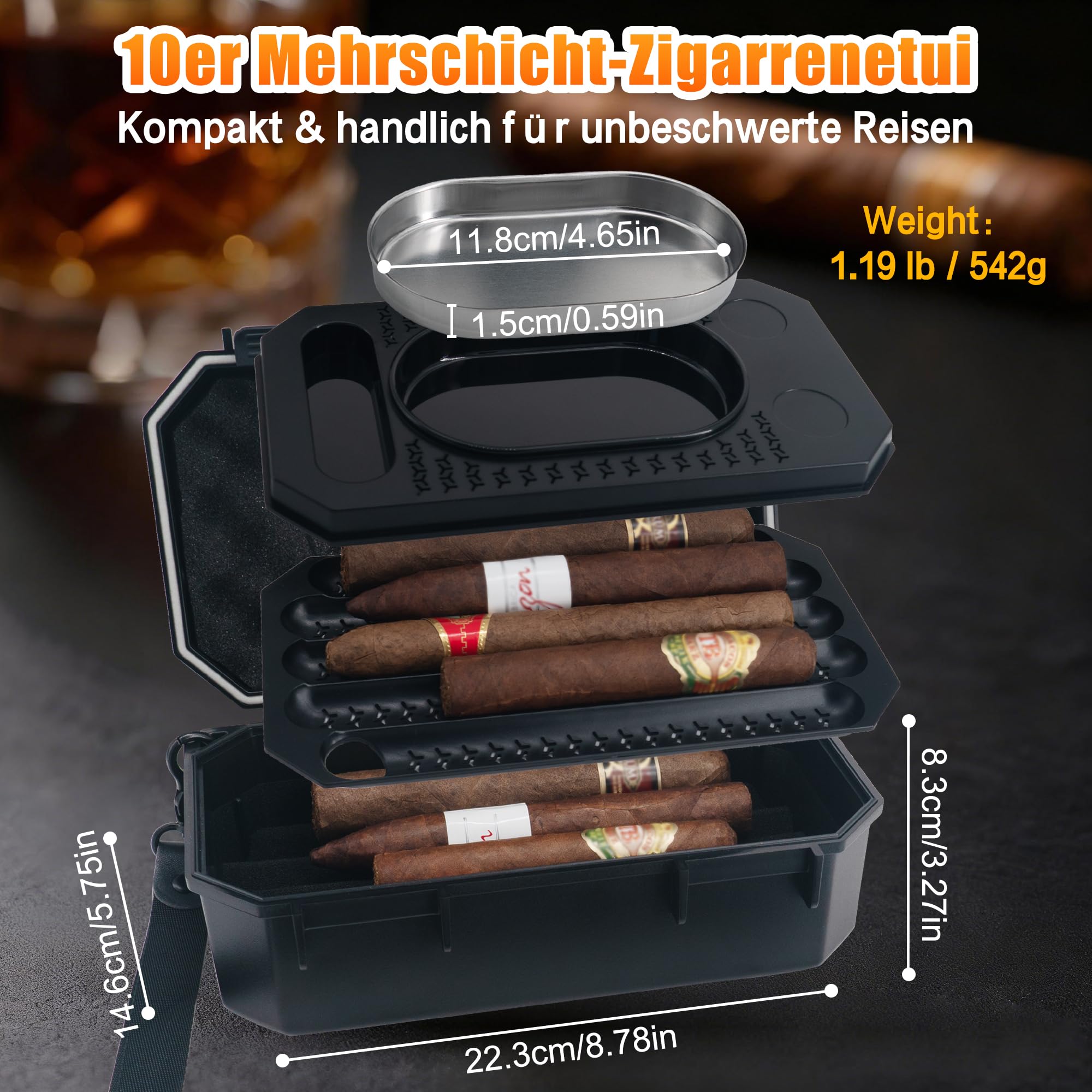 Zigarren Humidor mit Befeuchter & Hygrometer, 3-lagiger Reisehumidor für 10 Zigarren, Zigarrenetui mit integriertem Zigarrenaschenbecher, Zigarren Zubehör Set & Geschenkset für Männer