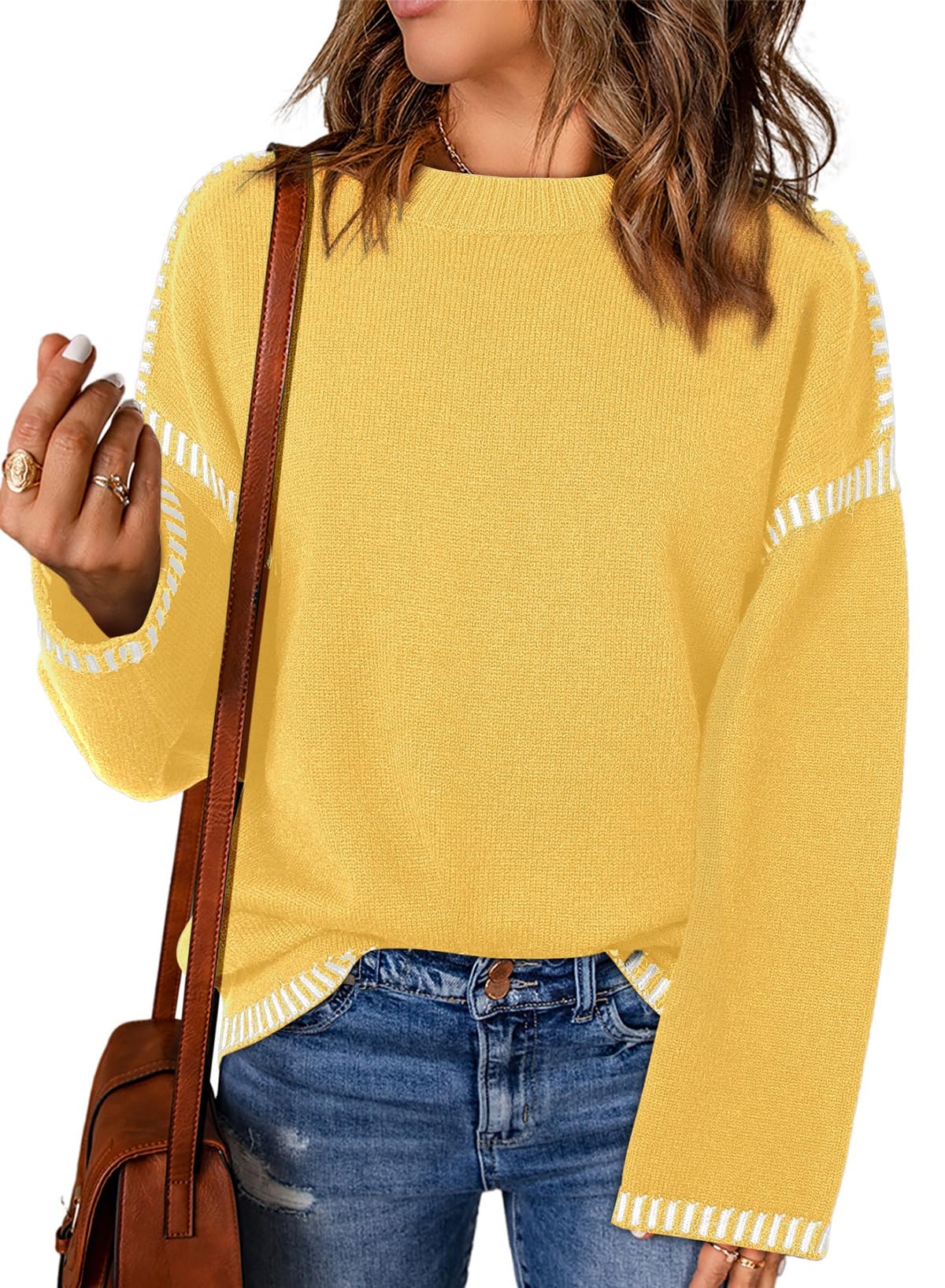 Dokotoo Sweaters for Women Crewneck Long Sleeve Contrast Cable Knit Tops