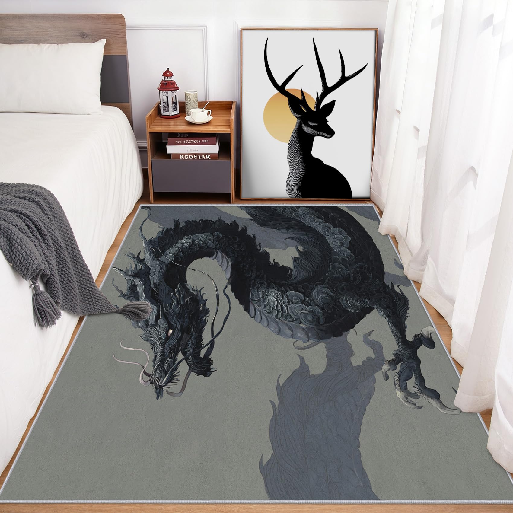 Tapis salon dragon fantastique 140x200 cm antidérapant poil ras doux