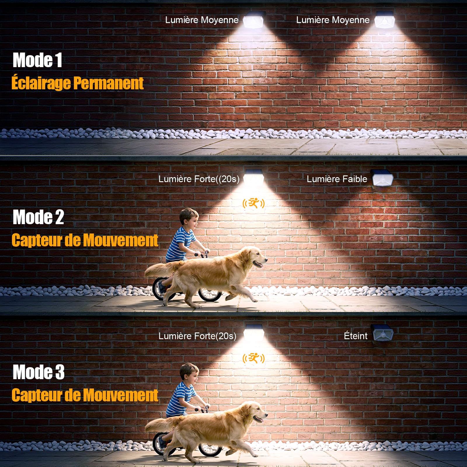 Spot Solaire Exterieur Detecteur de Mouvement 104LED 3 Modes IP65 Blanc Froid Lot de 4