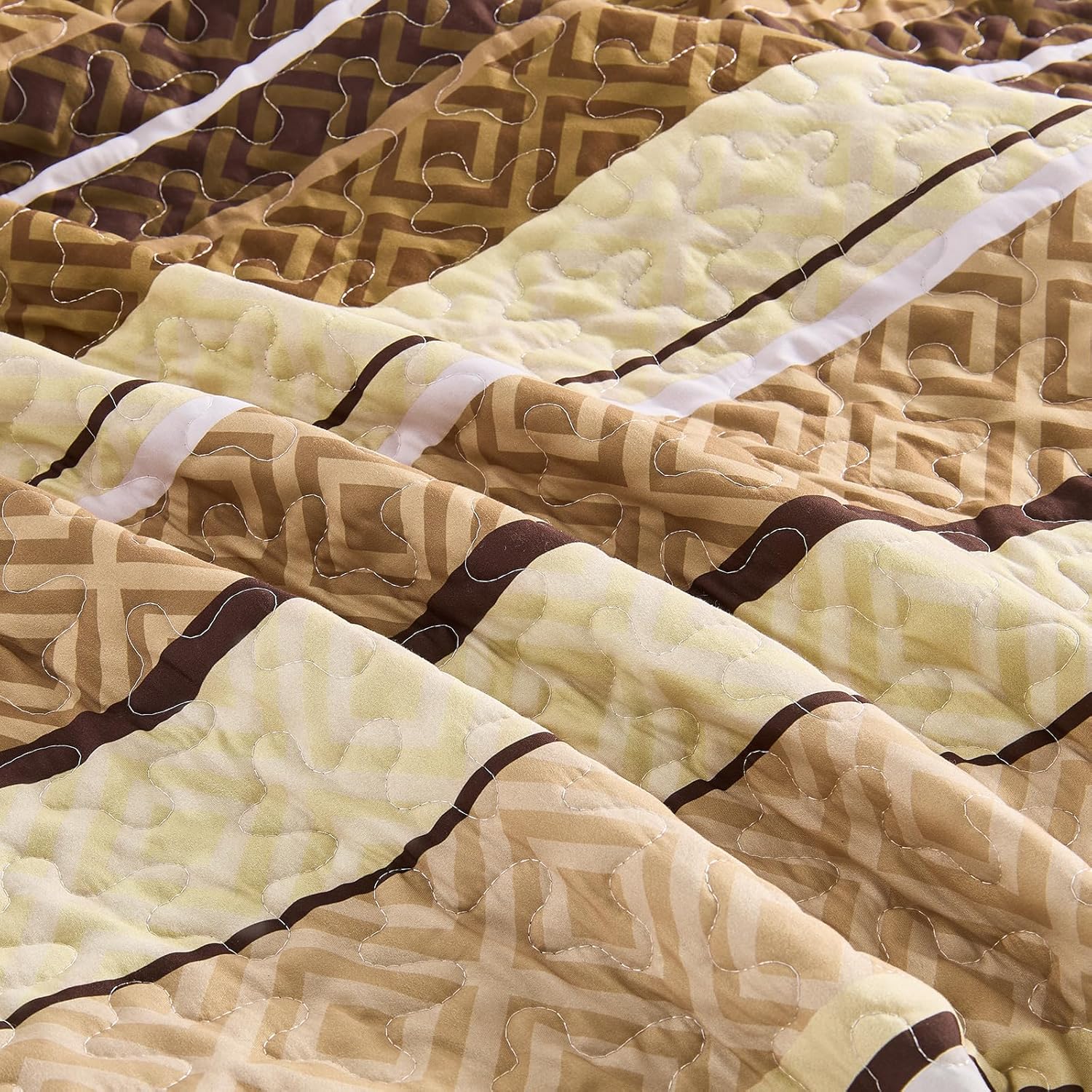 Yiran Striped Diamond Quilt Set Queen Size 3 Pieces Brown Boho Farmhouse Bedspread Coverlet Set,Geometric Grid Rhombus Quilt Lightweight Microfiber Bedding Set with 2 Pillow Shams (96"×90") - Image 5