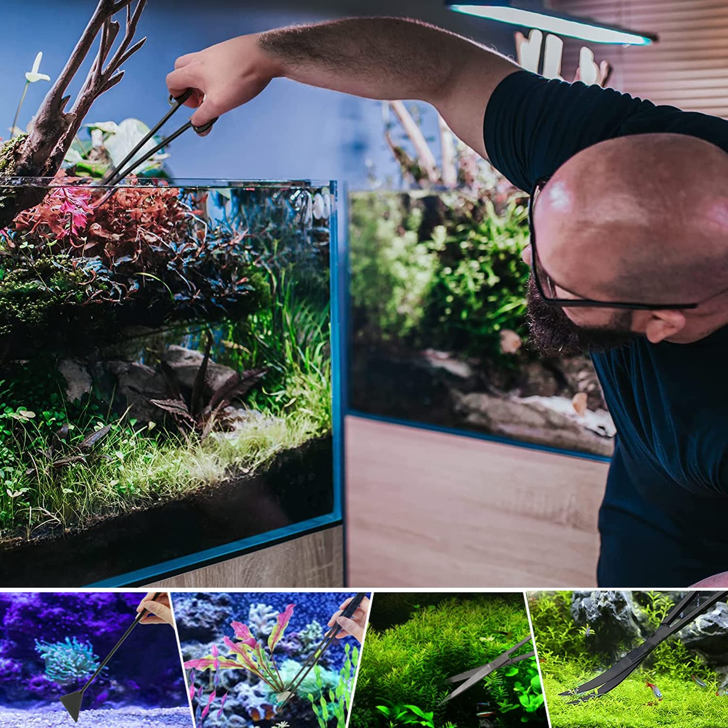 7 in 1 Aquarium Aquascaping Set, Edelstahl Scheren und Pinzette Spatel Werkzeug Satz für Tank Aquatic Pflanze Trimmen und Reinigung - Starter Set für Fische und Wasserpflanzen
