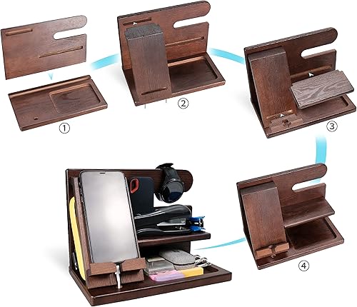 Miniatura 8 de Regalos para hombres estación de acoplamiento para teléfono organizador de mesita de noche estante de almacenamiento de escritorio con madera maciza