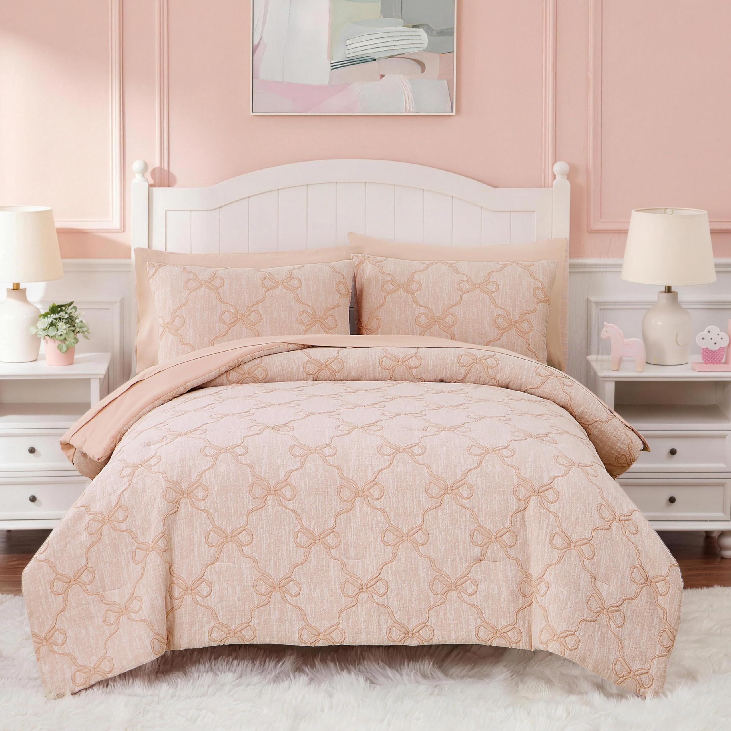 Full Size Comforter Sets with Sheets for Girls-7 Pieces Bow Bed in A Bag
