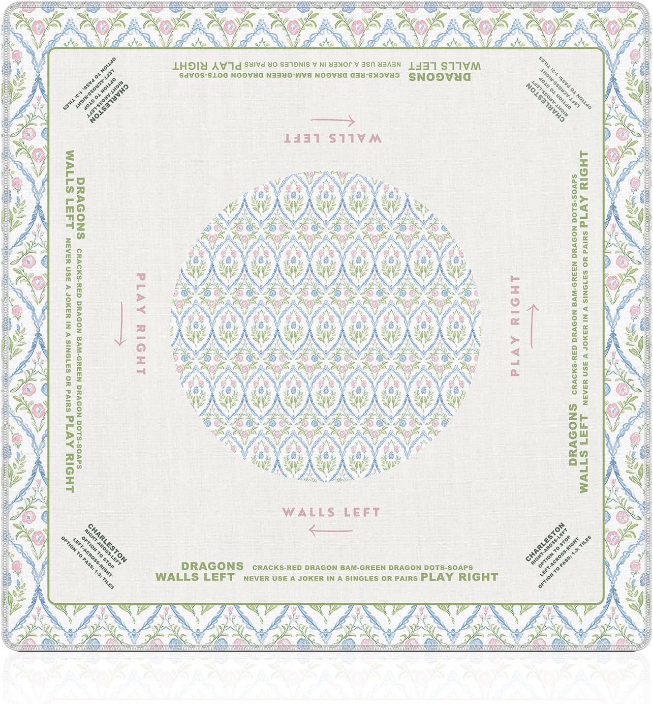 NATSUNO Grandmillennial Pink and Blue Floral Mahjong Mat(31.5″x31.5″), Green Chinoiserie Non-Slip Noise Reduction Mahjong Table Mat for American Mah Jong Poker Board Games Card Games Dominoes