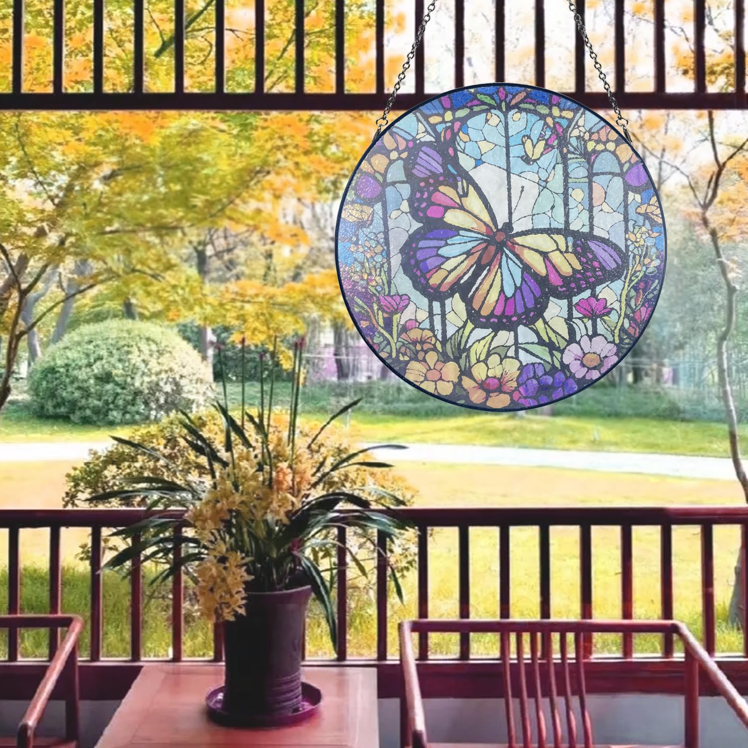 30,5 cm Buntglas, großer Schmetterlings-Dekor, Fensterdekoration, handgefertigt für Fensterdekoration, bemalter Buntglas-Sonnenfänger, mit Metallkette