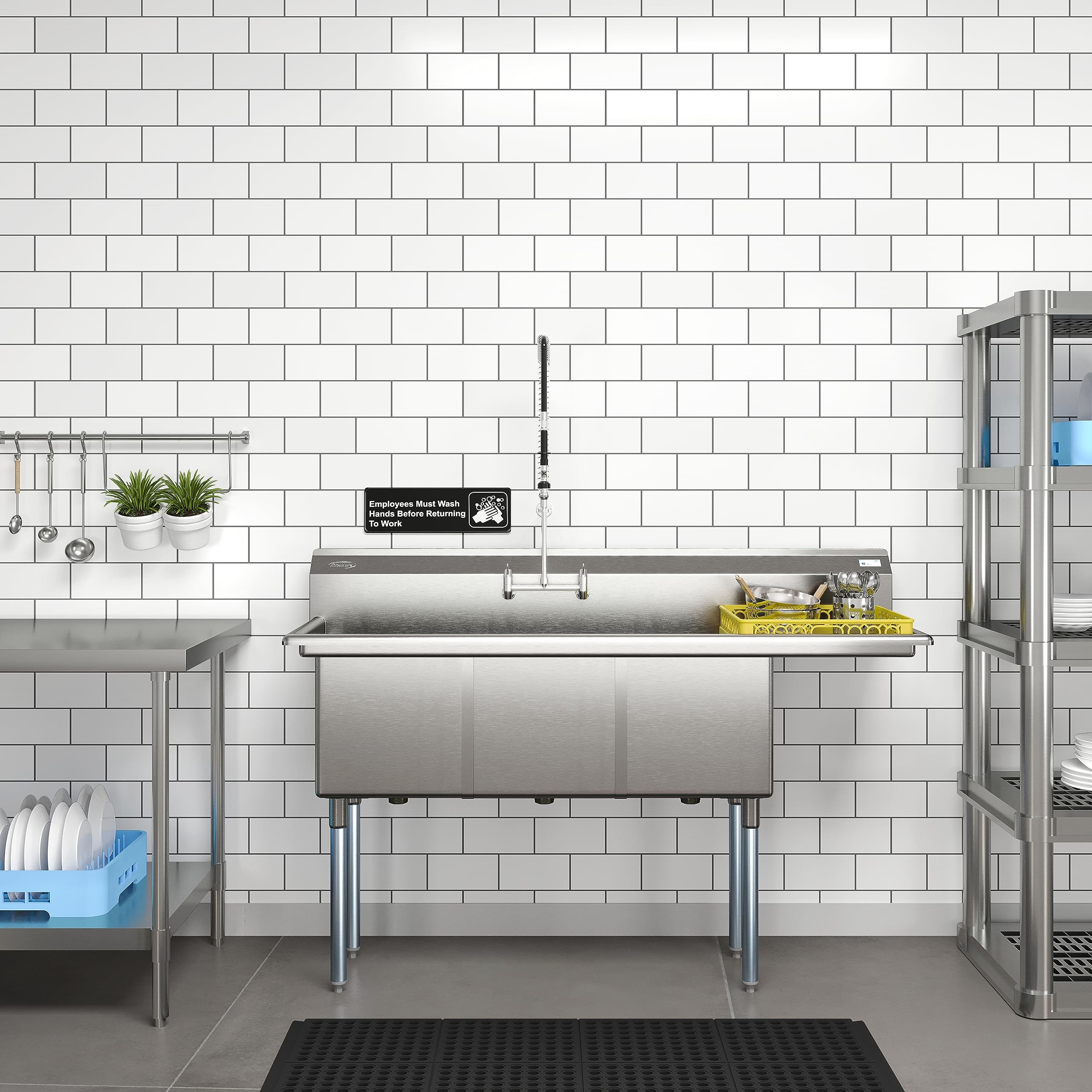 Condition photo showing New/Like New for KoolMore 63 in. Three Compartment 16-Gauge Stainless-Steel NSF Commercial Kitchen Sink, Bowl Size 15x15x14, with Three Basins for Restaurants and Cafes with Right Drainboard (KM-SC151514-15R316)