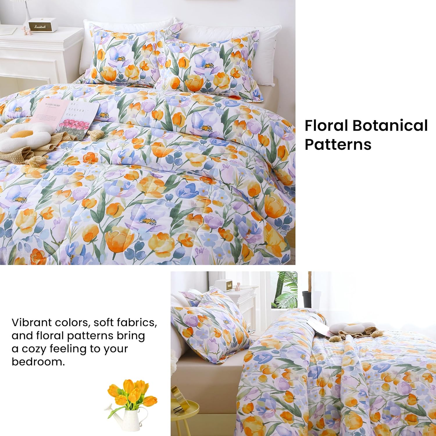 Mooreeke Duvet Cover Queen Size, 3 Piece Purple Orange Floral Duvet Cover Set with Zipper Closure, Soft & Breathable Botanical Patterns Microfiber Bedding Set with 4 Corner Ties and 2 Pillow Shams