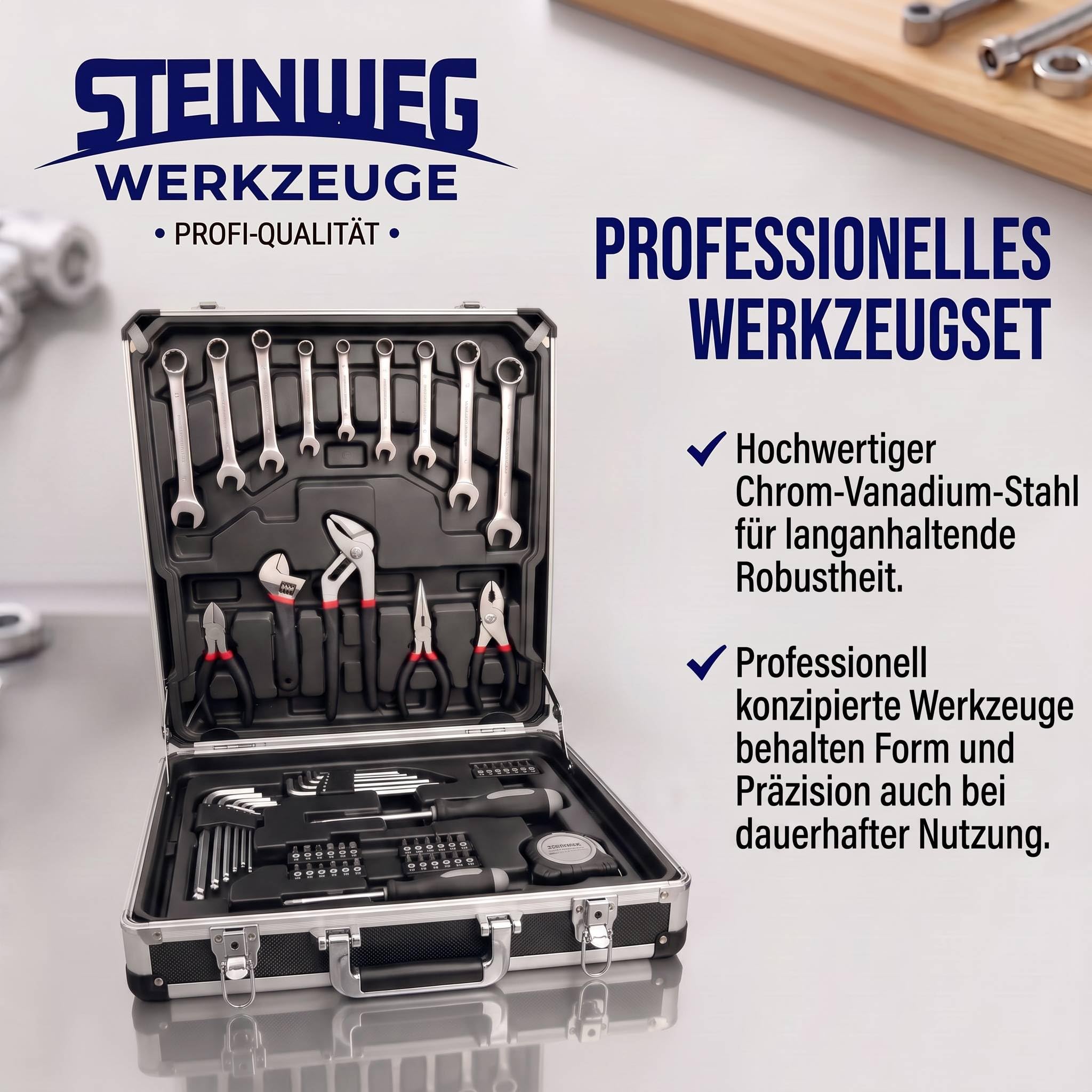 STEINWEG Aluminium Werkzeugkoffer Gefüllt 1400-tlg Werkzeug Set, Profi Werkzeugkoffer befüllt mit Schraubendreher, Schraubenschlüssel, Steckschlüssel, Zange, Hammer, Wasserwaage, komplett mit Werkzeug