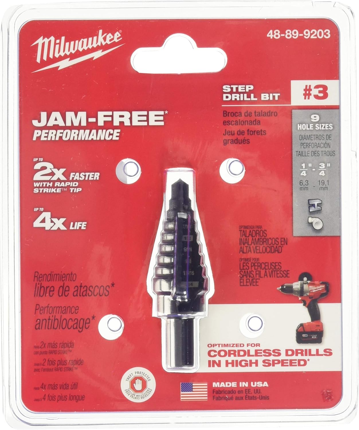 Milwaukee Electric Tool 48-89-9203 Step Drill Bit, 1/4-3/4 Hole ", 3, 9 Hole Steps, 1/16" D Step, 2 Flutes, 3/8" 3-Flat Shank