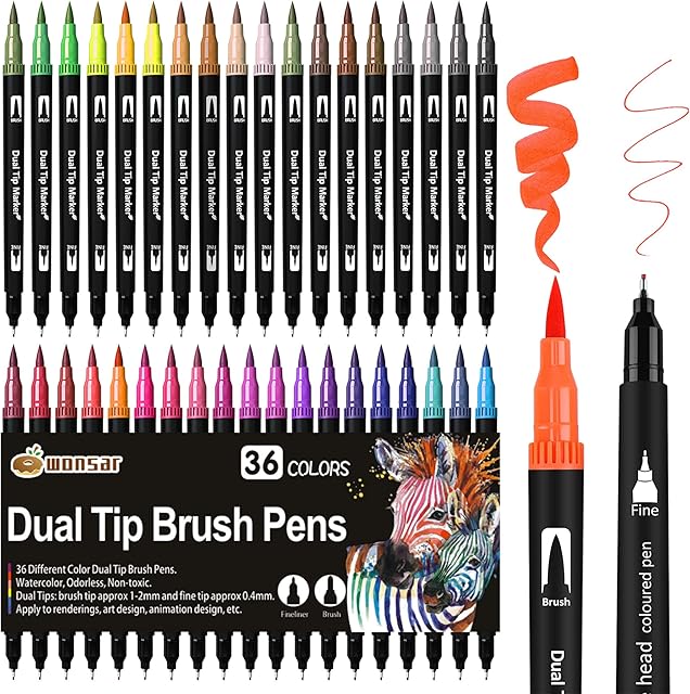 Colouring Pens: 36 Colors Felt Tip Pens Set Dual Tip Brush Pens Art Markers for Kids Adults Colouring Book, Art Supplies Fineliner Tip Brush Marker for Drawing Sketching Design Calligraphy Painting