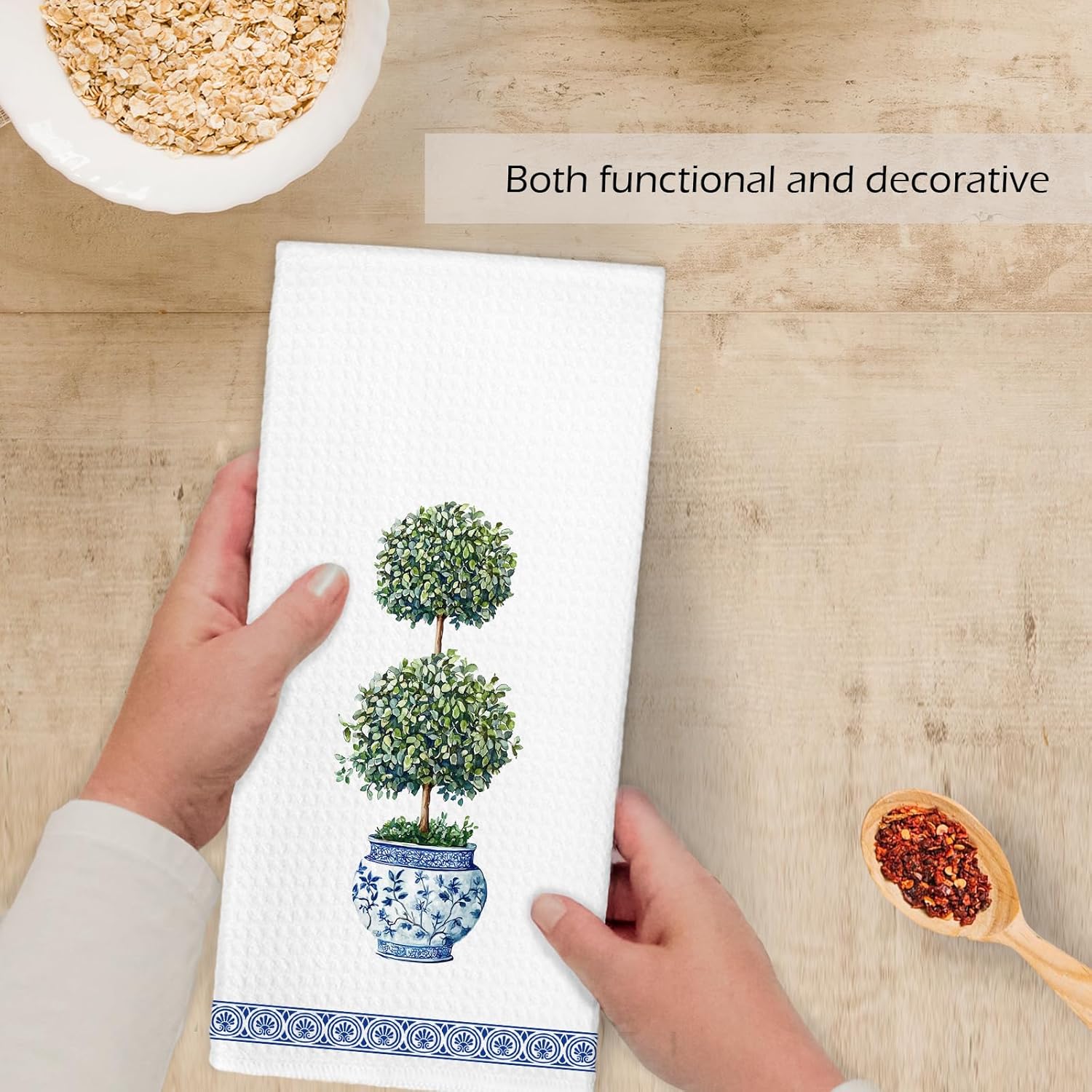 Blue and White Chinoiserie Topiary Trees Kitchen Towels, Green Plant Porcelain Dish Hand Tea Towels, Preppy Botanical Grandmillennial Home Decor Towel for Bathroom Kitchen Decor, 16x24 Inch - Image 4