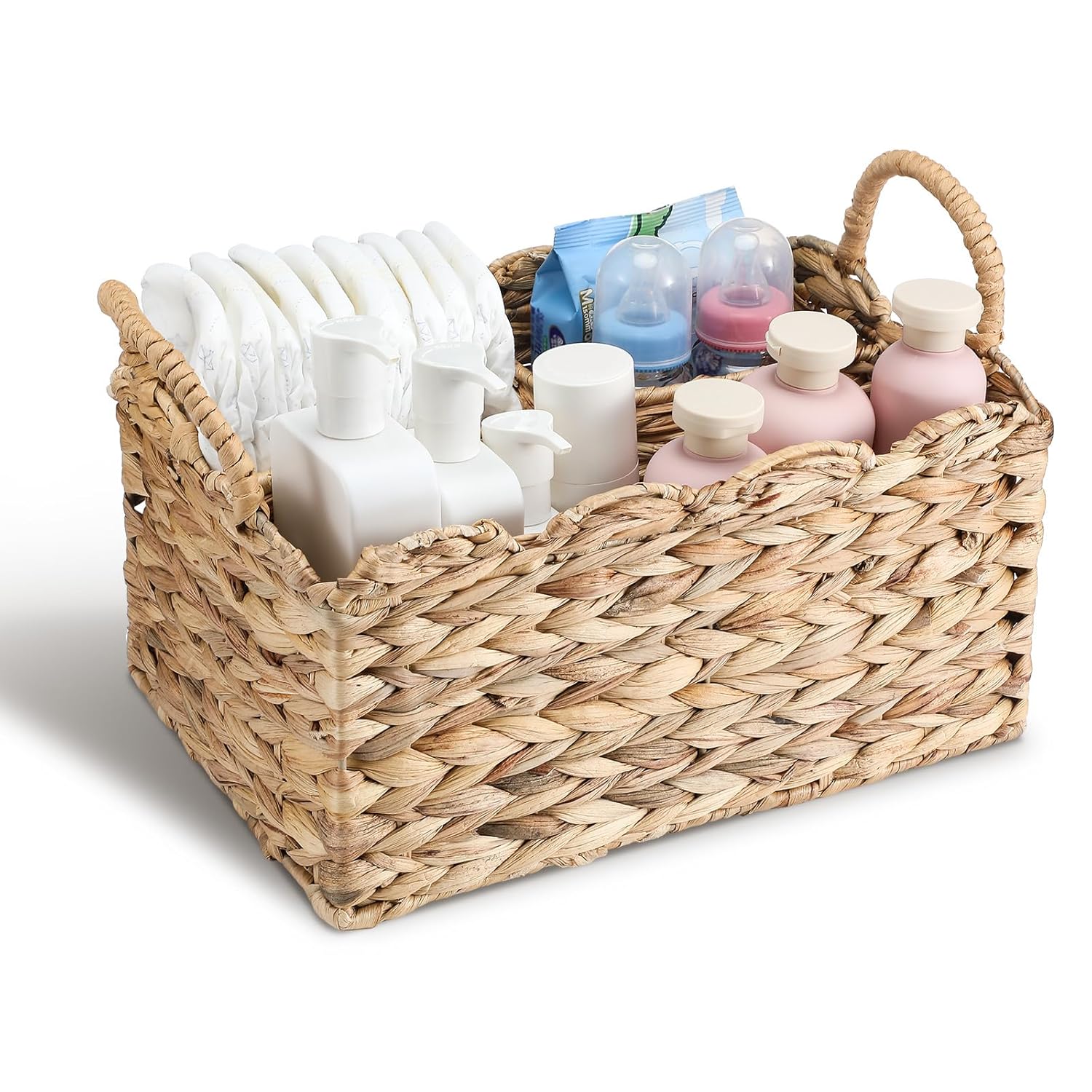 Chunful Handmade Wicker Diaper Caddy Organizer - Scalloped Rattan Basket 9.5x13.5x7in for Nursery Storage & Baby Shower Gifts