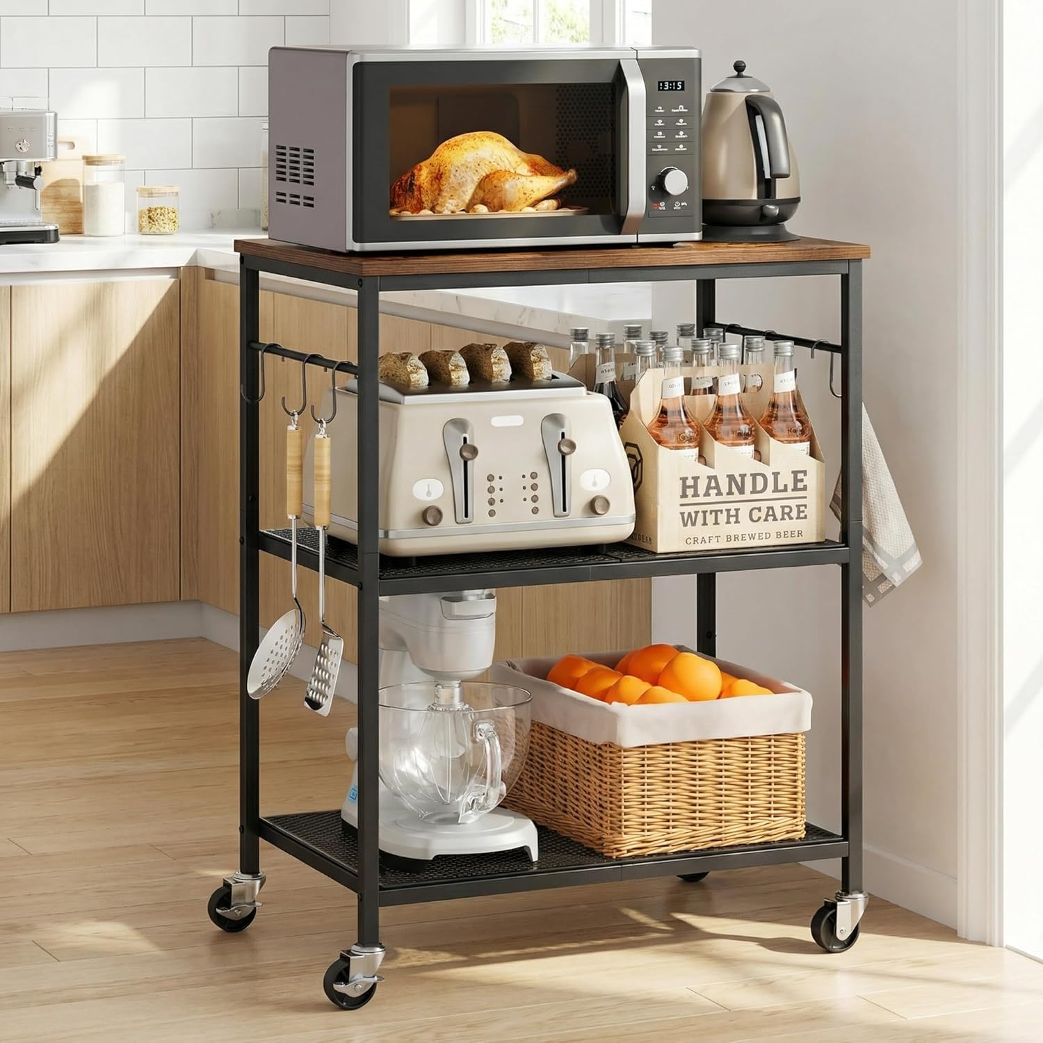 Homleke 3-Tier Rolling Microwave Cart with Lockable Wheels, 6 S-Hooks, Coffee Bar Station - Rustic Brown/Black Kitchen Storage