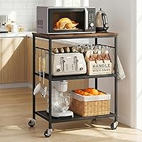 Homleke 3-Tier Rolling Microwave Cart with Lockable Wheels, 6 S-Hooks, Coffee Bar Station - Rustic Brown/Black Kitchen Storage