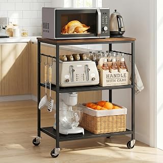 Homleke 3-Tier Rolling Microwave Cart with Lockable Wheels & 6 S-Shaped Hooks - Rustic Kitchen Utility Storage for Coffee Bar & Appliances