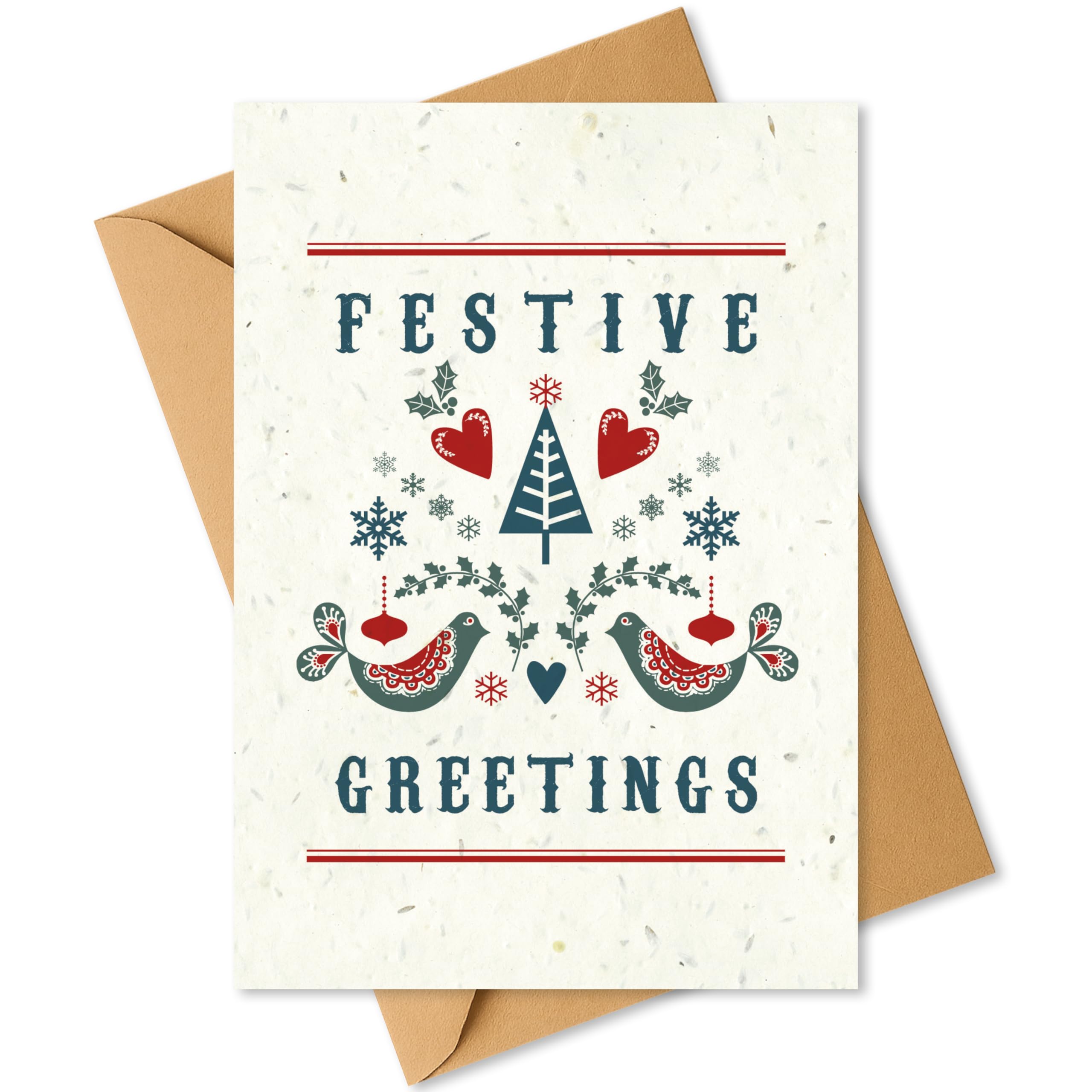 Plantable Christmas Card with Traditional Nordic Festive Greetings Design – Eco Friendly Biodegradable Seed Paper Greeting Card, Zero Waste Christmas Card for Friends & Family (1 Card and Envelope)