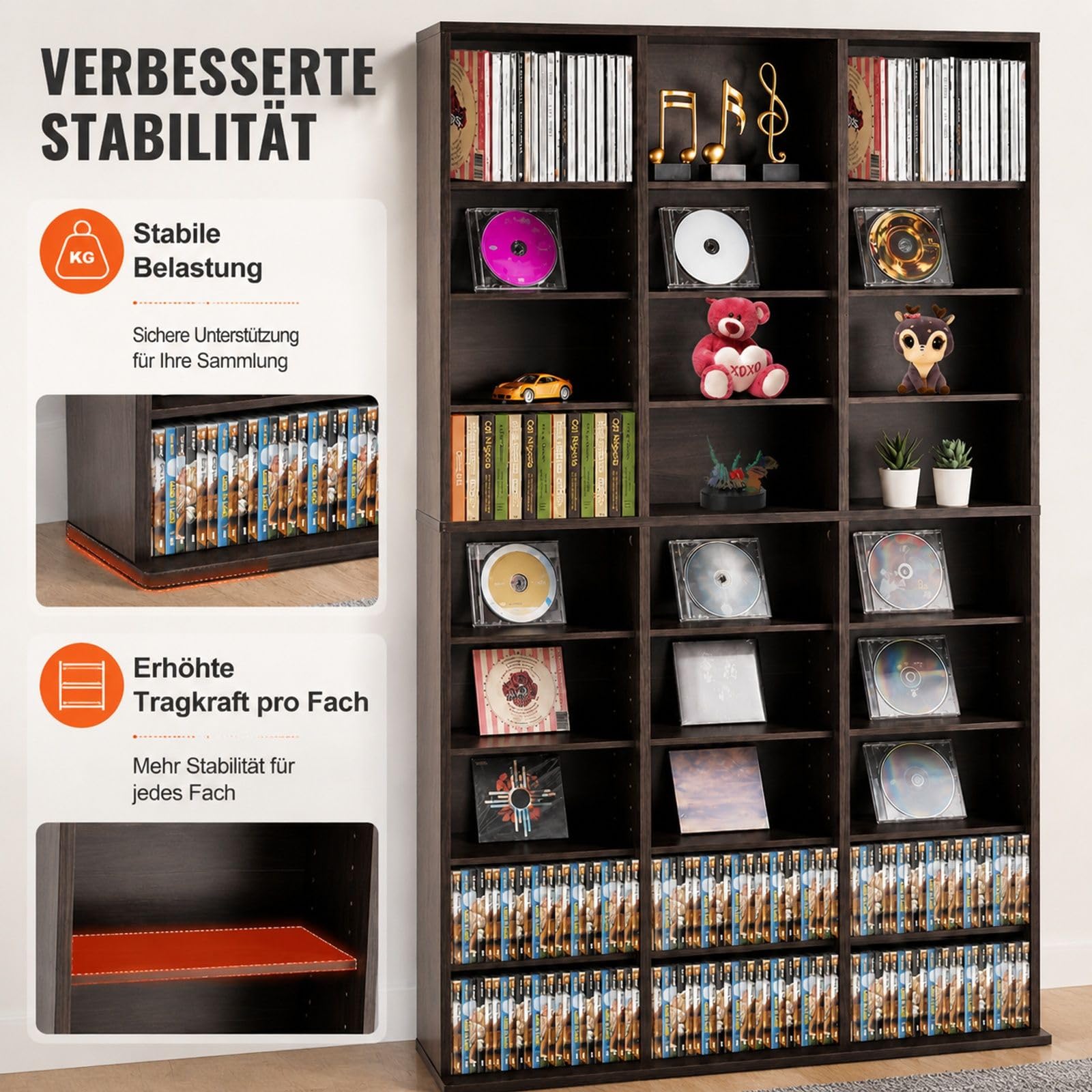 Medien Aufbewahrungsschrank in Espresso mit 27 Fächern und verstellbaren Regalen für DVDs und CDs
