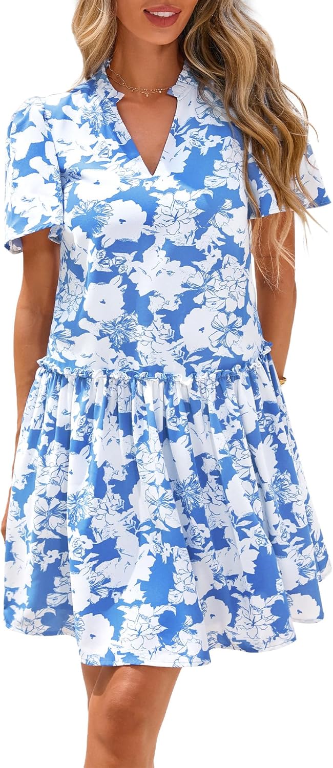 BTFBM Women Summer Dresses 2025 Short Sleeve V Neck Tiered Ruffle Boho Swing Dress A-Line Floral Mini Dresses