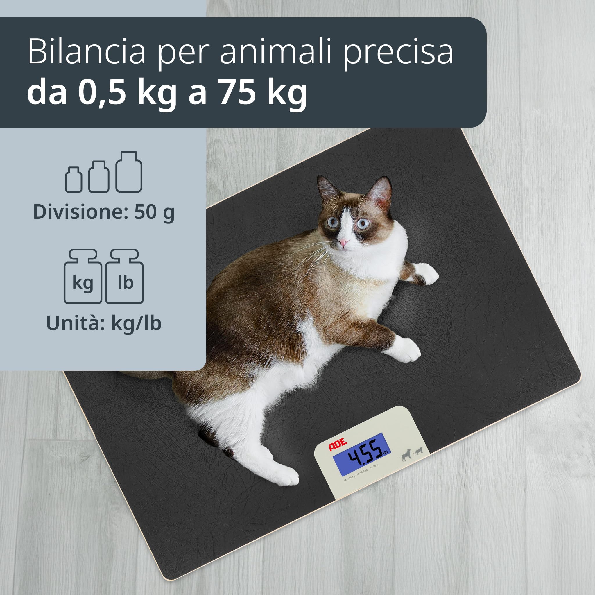 ADE Bilancia digitale per animali fino a 75 kg, bilancia per cani con gradini da 50 g, per animali domestici di piccole e medie dimensioni, superficie adatta alle zampe, anche come bilancia per gatti