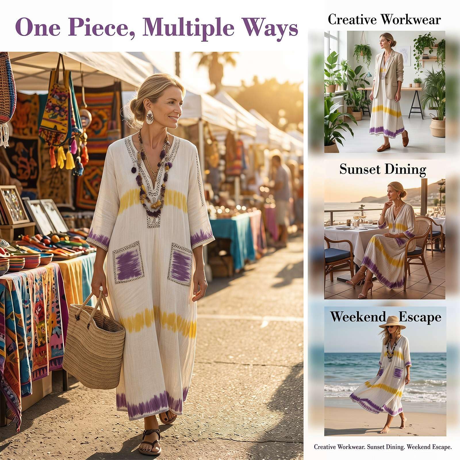 Abito Estivi Donna Lino Vestito - Abiti Lungo Elegante Boho Chic Kaftan Marocchino Copricostume Mare Spiaggia Curvy Taglie Forti Abbigliamento Leggero Eleganti Casual Dress con Tasche