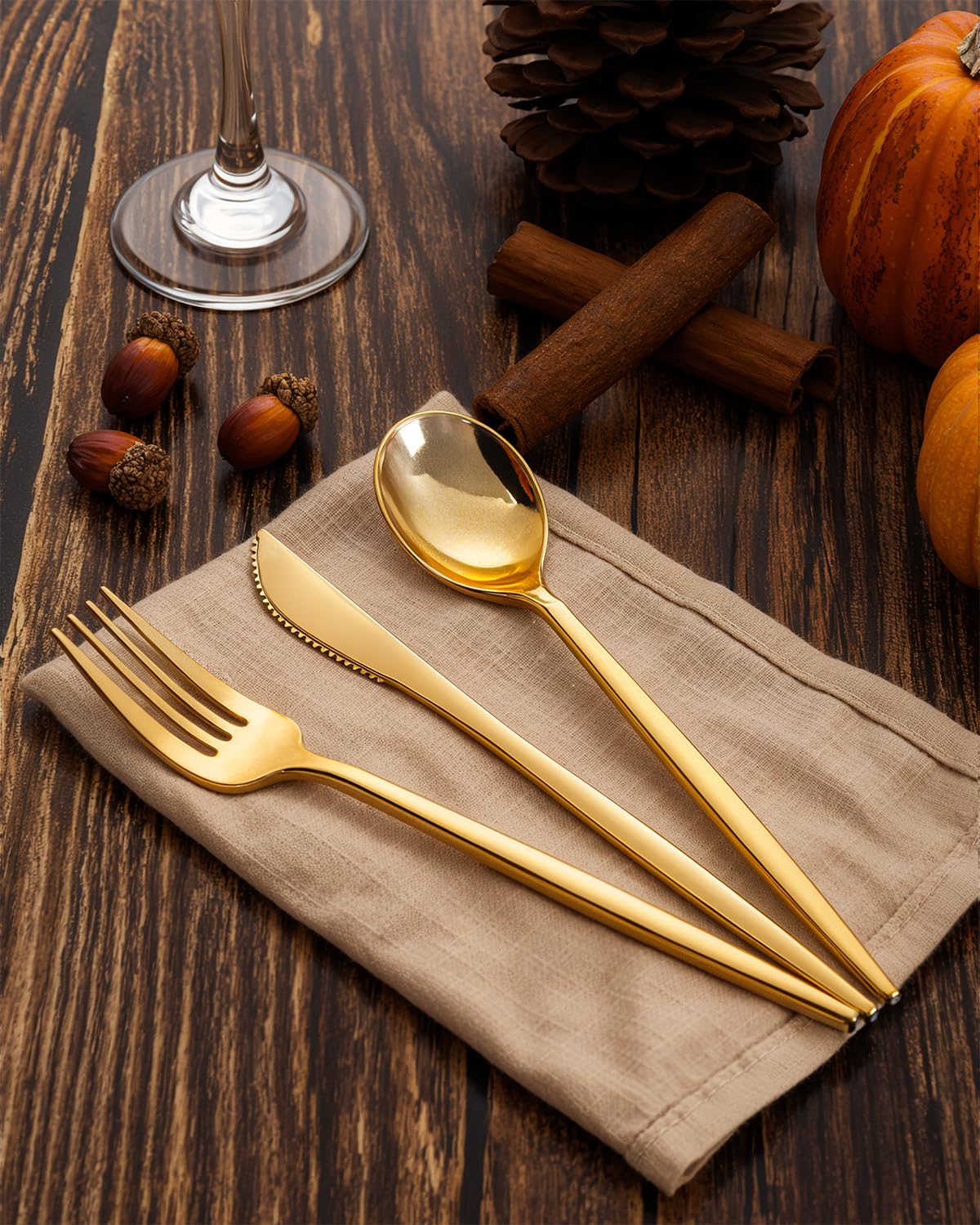 PULOTE 150PCS Thanksgiving Gold Plastic Silverware Disposable - Heavy Duty Gold Plastic Cutlery - Gold Plastic Utensils Set Include 50 Knives,50 Forks,50 Spoons for Party&Wedding