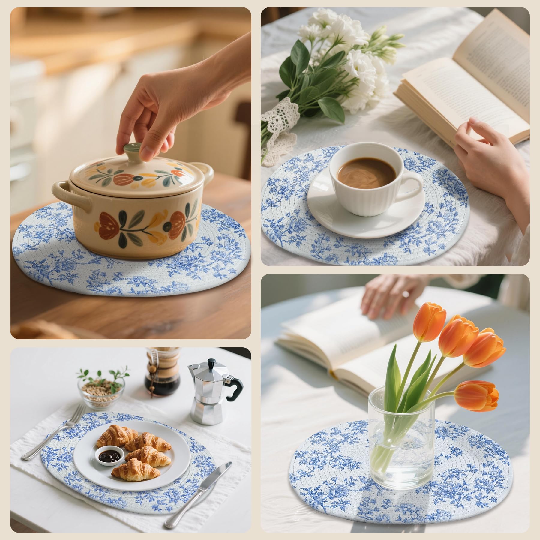 6 manteles individuales ovales tejidos,Patrón de porcelana azul y blanco de algodón cuerda de algodón manteles individuales,Accesorios lavables y hechos a mano para la mesa de comedor,manteles