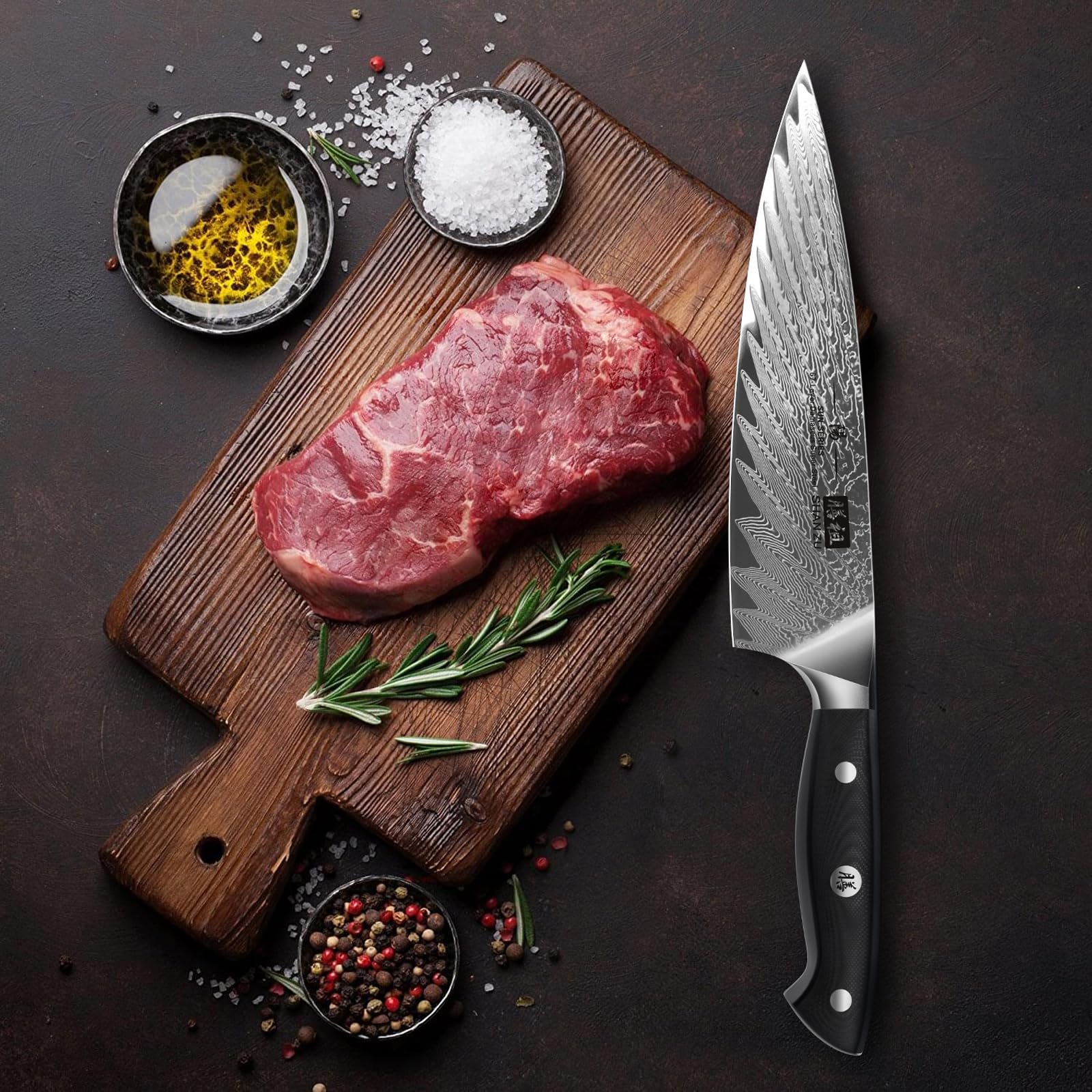 SHAN ZU Couteau de Cuisine Damas 20cm, Couteau de Chef Profesional en Acier Japonais AUS-10 à 67 Couches, Couteau Japonais avec Poignée Ergonomique G10 pour Coupe Viande, Légumes, Fruits