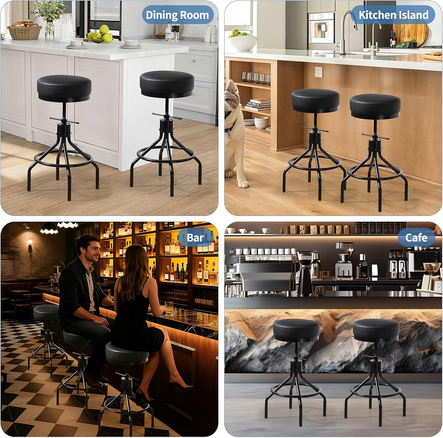 Adjustable Height Bar Stools, Swivel Modern Industrial Barstools, Upholstered PU Leather Bar Chairs, Counter Height Stools 22-28 Inch for Kitchen Island, Dining Room (MY-D017-Black-1)