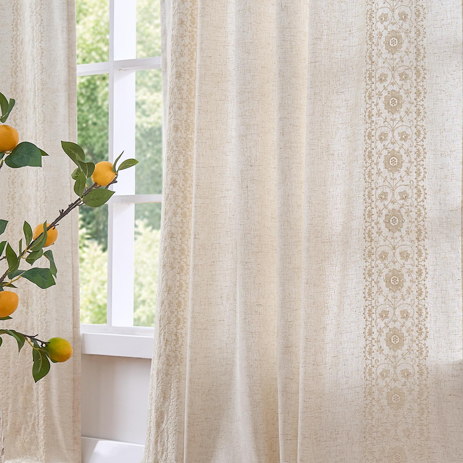 jinchan Weslie Boho Lined Linen Curtains for Bedroom Ivory Vintage Floral Farmhouse Curtains 84 Inches Long Linen Drapes for Living Room Embroidered