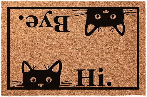 Tapete divertido de fibra de coco con texto en inglés «Hi Bye», bonito tapete con temática de gato, decoración de porche delantero, tapete fino de
