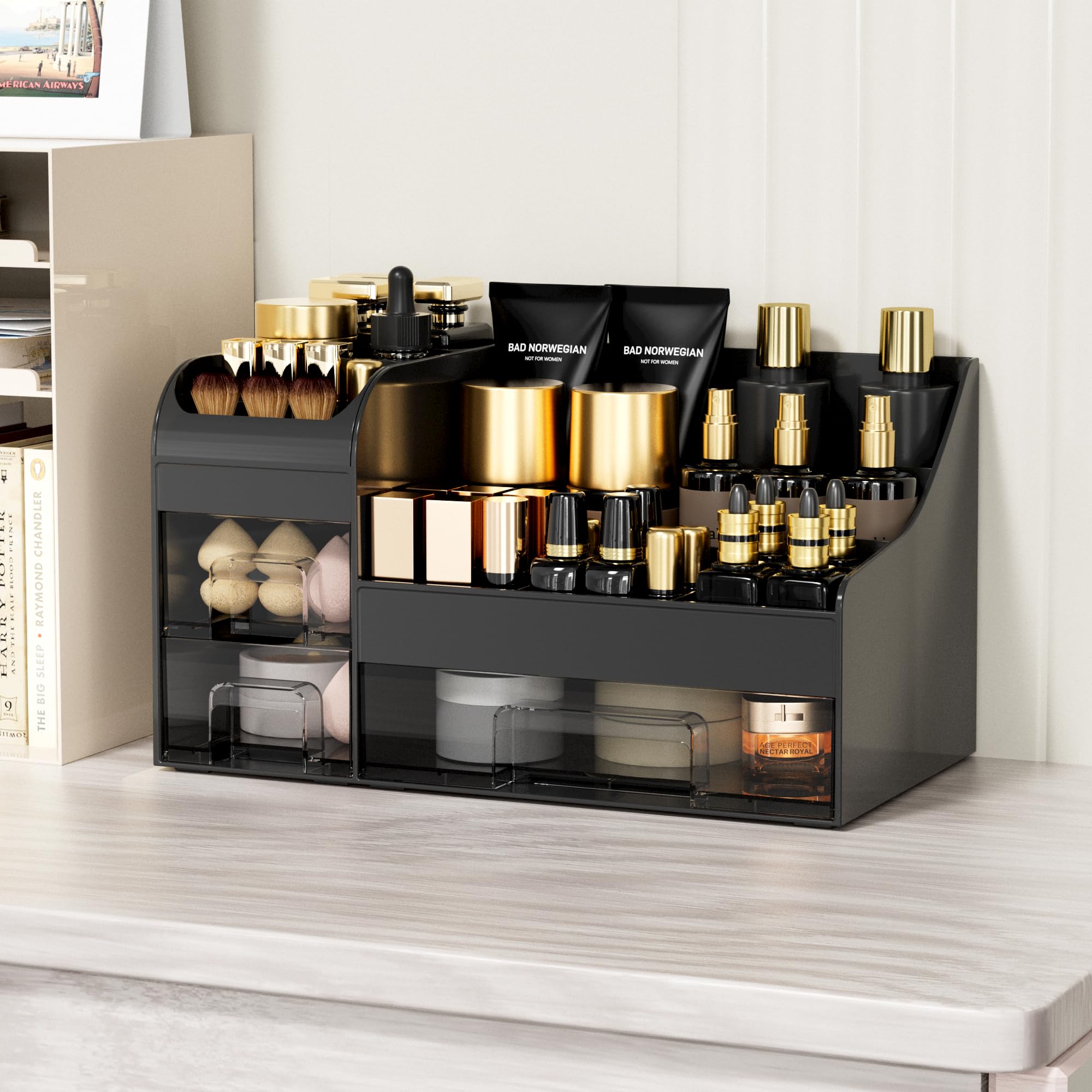 Organizer per trucchi con cassetti, grande scatola portaoggetti per cosmetici, organizer da banco per la cura della pelle, supporto per pennelli da trucco in ABS, per bagno, scrivania