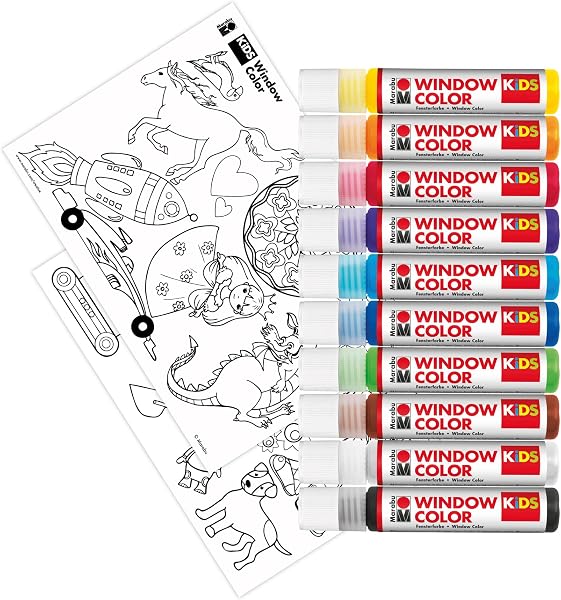 Marabu 0306000000100 - Kids Window Color Set mit 10 x 25 ml Farbe und Malvorlage A4 mit 18 Motiven, Fenstermalfarbe auf Wasserbasis, geeignet für Glas, Spiegel, Fliesen und Folie - 3