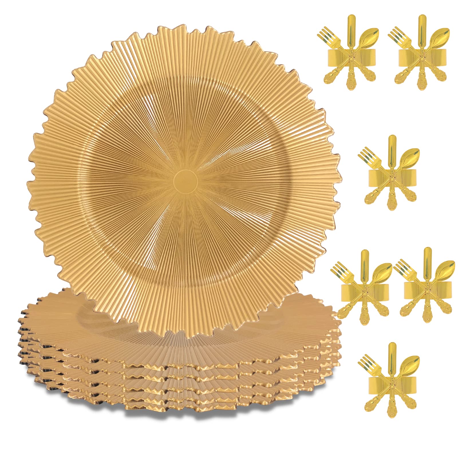 GOLD ANTLERS Gold Charger Plates and Gold Napkin Rings - Set of 6 - for Dinner, Wedding, Event, Conferences, Decoration